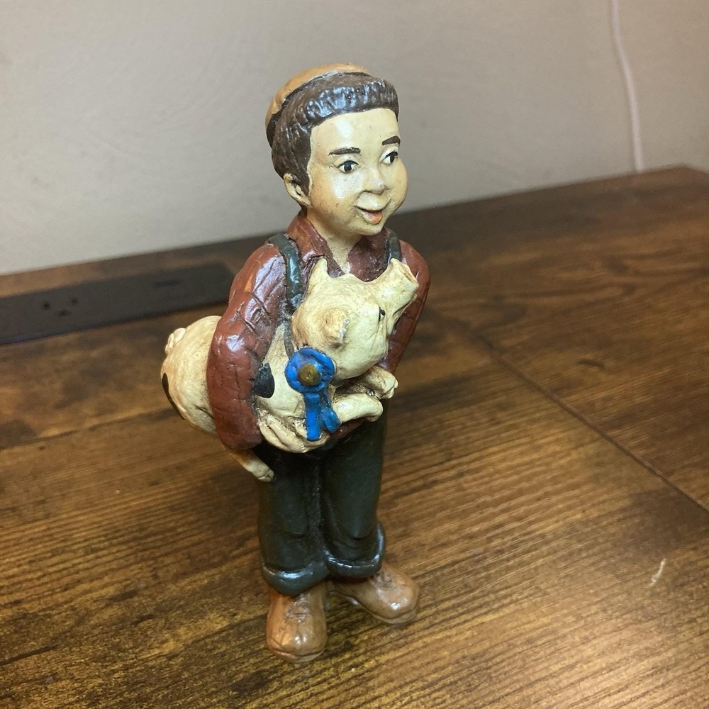 Boy & Prize Pig 1982 Cap Yarmullke Farmer Vestwood Folklore Figure 5" Jewish